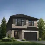 Modern two-story Tidra 30-foot detached house with a tan brick exterior, black horizontal siding on the upper level, and a wide black garage door.