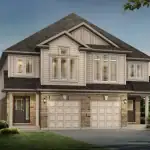 Front view of Tidra semi-detached homes featuring a symmetrical design with tan brick, light horizontal siding, and private covered entrances for each unit.