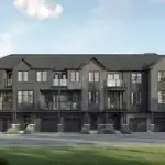 Modern back-to-back townhome design at Creekview Collective, Milton, featuring dark contemporary facades, private balconies, and integrated garages.