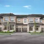 Arbourwoods - Towns 2 Artist rendering of modern freehold townhomes at Arbourwoods in Vaughan featuring brick and stone façade, oversized windows, private garages, and landscaped streetscape