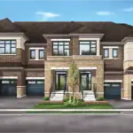 Arbourwoods - Towns 3 Artist rendering of modern freehold townhomes at Arbourwoods in Vaughan featuring brick and stone façade, oversized windows, private garages, and landscaped streetscape
