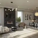 Rendering of interior living and dining room at Aura Towns at Lakeview Village