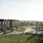 Exterior rendering of a row of towns at Aura at Lakeview Village overlooking a park and Lake Ontario