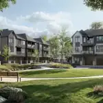 Rendering of a small picturesque park in front of Pier House Towns at Lakeview Village