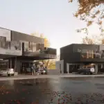 Modern Scandinavian-style townhomes at Calabogie Peaks featuring covered parking, outdoor gear storage, and spacious balconies for vacation living.