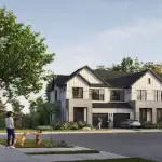 Architectural rendering of modern townhomes at the Cornerstone community, featuring white brick exteriors, stone accents, and a family with a dog on the lawn.