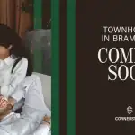 A young couple relaxing and reading a book in their new home, featuring a promotional banner for Cornerstone townhomes in Brampton by Primont Homes. The image uses a modern lifestyle aesthetic with green and brown accents.