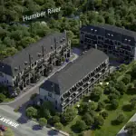 Fifth Avenue Homes Woodbridge - Aerial Aerial view of Fifth Avenue Homes Woodbridge development site on Islington Avenue, showing townhome blocks nestled against the lush greenery of the Humber River.