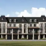 Fifth Avenue Woodbridge - 2 Front elevation rendering of Fifth Avenue Homes Woodbridge, featuring luxury three-story townhomes with French-inspired Mansard roofs, stone facades, and integrated garages.