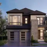 Contemporary 36-foot detached home at Joshua Creek Montage in Oakville, featuring a mix of grey stone and wood-panel siding with a modern glass balcony and double garage.