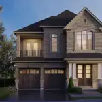 Elegant 38-foot detached residence at Joshua Creek Montage, Oakville, with a full stone facade, arched windows, a covered front porch, and sophisticated dark wood garage doors.