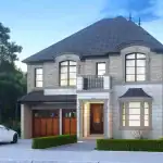 A grand 45-foot detached single-family home at Joshua Creek Montage, Oakville, showcasing a French Provincial stone exterior, a two-car garage, and a second-floor balcony.