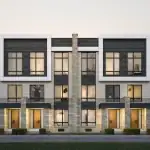 Front view of sleek, modern townhomes at Joshua Creek Montage in Oakville, highlighting a three-story architectural design with light stone accents and warm wood-finish front doors.