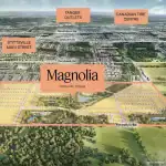 Aerial site map of Magnolia community in Stittsville, Ottawa, showing residential lots near Tanger Outlets, Canadian Tire Centre, and Kanata Tech Park.