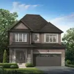 Exterior rendering of a two-storey detached single-family home at North Gate Trails in Ajax, featuring a red brick and grey stone facade, a two-car garage, and modern gabled rooflines.