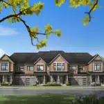 Row of modern luxury townhomes at North Gate Trails in Ajax, showcasing multi-tonal brick exteriors, stone accents, integrated garages, and professional landscaping under a clear blue sky.