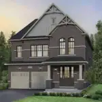 Exterior rendering of an OPUS 38' detached single-family home in the SouthCal community, featuring a traditional dark brick facade, cream board-and-batten gables with decorative trusses, and arched second-story windows.