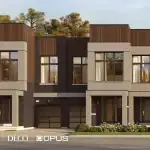 Ultra-modern urban townhomes by Arista, Deco, and Opus Homes at Unionglen, Markham, highlighted by flat rooflines, wood-panel siding, and minimalist geometric architecture.