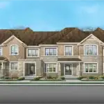Exterior rendering of Unionglen Crown Series Towns by Greenpark Group in Markham, featuring traditional two-story brick and stone architecture with arched windows and shingled gables.