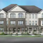 Three-story modern Glen Series townhouses at Unionglen by Greenpark Group, highlighting a sophisticated mix of dark grey masonry, white stucco upper levels, and large multi-pane windows.