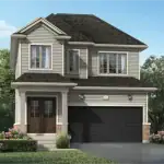 A contemporary two-story detached house at Woodstone Trails in Dundalk, featuring light grey horizontal siding, a dark double garage door, and professional front yard landscaping.