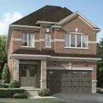 Exterior rendering of a classic red brick two-story detached home at Woodstone Trails in Dundalk, featuring a double garage with decorative cross-bracing and stone-pillared porch.