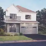 Exterior view of a 36-foot detached single-family home in Arcadia with white vertical siding, grey stonework, and a peaked roofline.