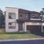 Exterior rendering of a modern 43-foot detached home in Arcadia, featuring a light stone and dark brick facade, large windows, and a two-car garage.