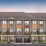 Front elevation of Arcadia Avenue Towns featuring three-story modern townhouses with grey siding, warm wood accents, second-story balconies, and built-in garages.