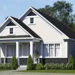 Front exterior view of a new single-story bungalow at Black Creek, showcasing white horizontal siding, a dark gabled roof, a covered front porch with white pillars, and decorative stone masonry along the base.