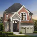 Kleinburg Hills - 40' Detached 1 Front elevation of a Kleinburg Hills detached luxury home showcasing red brick and stone masonry, a vaulted entryway, and copper-tone metal roof accents.
