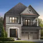 Kleinburg Hills - 40' Detached 2 Exterior rendering of a Kleinburg Hills 40-foot detached home featuring a grey stucco and stone facade, a second-floor balcony, and a two-car garage.