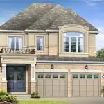 Exterior rendering of a 35-foot detached single-family home at On The Ridge community, showcasing a two-car garage, a second-story balcony with ornamental railing, and a sophisticated light stone and tan stucco facade.