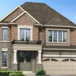 Street-level rendering of a premium 40-foot detached home in the On The Ridge development, featuring a grand double-door entrance, stone and brick exterior, and a spacious two-car garage with arched window accents.