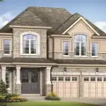 Exterior rendering of a luxury detached two-story home at On The Ridge in Stoney Creek, featuring a stone and stucco facade, a double-car garage, and elegant arched windows surrounded by lush green trees.