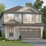 A two-story detached home in Splendour Mountainview with a light grey stone and siding exterior, a double-car garage, and a covered front entryway with professional landscaping.