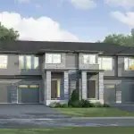 Architectural rendering of Splendour Mountainview modern townhomes featuring a grey brick and siding exterior, integrated garages, and large windows under a clear sky.