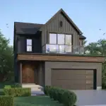 Modern detached home design at Splendour Pinewood featuring a dark charcoal exterior, a second-story glass balcony, a wooden front door, and a spacious two-car garage.