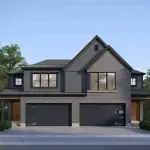 Exterior view of a Splendour Pinewood semi-detached home featuring a contemporary dark grey brick facade, gabled rooflines, two-car garage, and minimalist landscaping.