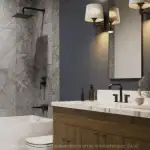 Luxury bathroom at Warbler Place Welland featuring a double vanity with marble countertops, wood cabinets, black hardware, and a grey marble tiled shower and bathtub.