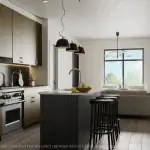 Modern open-concept kitchen at Warbler Place Welland featuring wood cabinetry, a dark grey kitchen island with seating, stainless steel appliances, and minimalist pendant lighting.