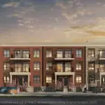 Exterior street-level rendering of Warbler Place Welland townhouses at sunset, showcasing red brick and tan stone architecture, private balconies, and professional landscaping.