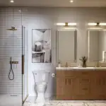 Luxury primary ensuite at 180 Towns with a double wood vanity, marble countertops, gold faucets, and a glass-enclosed walk-in shower with vertical white subway tiles and brass fixtures.