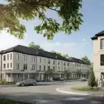 Exterior architectural rendering of 180 Towns, featuring elegant three-story limestone-inspired townhomes with black roofs, manicured landscaping, and residents walking along a quiet street near Yonge and Finch.