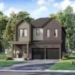 Modern two-story detached home architectural rendering in the Ashburn Hills community, showcasing a dark brick and charcoal grey siding exterior, a double-car garage, a covered front entryway, and a paved driveway lined with trees.