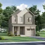An architectural rendering of a two-story single detached home in Ashburn Hills with a single-car garage, beige brick facade, cream-colored siding, covered front porch entry, and a paved driveway surrounded by landscaping.