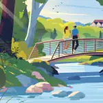 A vibrant illustration of a couple walking across a pedestrian bridge over a rocky stream at Bronte Trails in South Oakville, with modern townhomes visible in the lush green background.