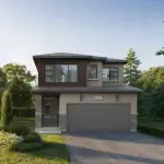 Exterior view of a Creekstone Contempo West Coast detached home with a mix of stone masonry, light brick, and wood-toned accents with a two-car garage.