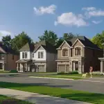 Wide-angle architectural rendering of a residential street at Heartwood Village featuring a row of modern two-story detached homes with brick and stone facades, landscaped lawns, and people enjoying a suburban lifestyle.