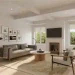 Heartwood Village - Living Modern open-concept living room interior at Heartwood Village featuring a grey sofa, minimalist fireplace, coffered ceilings, and large windows overlooking lush greenery.